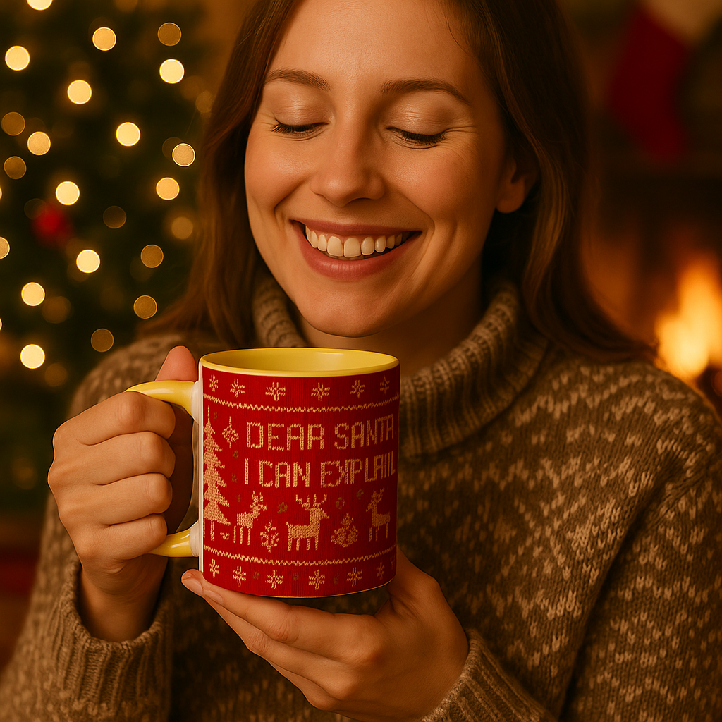 Dear Santa, I Can Explain Mug with Color Inside – Funny Christmas Jumper Knit Coffee Cup, Holiday Gift for Him or Her